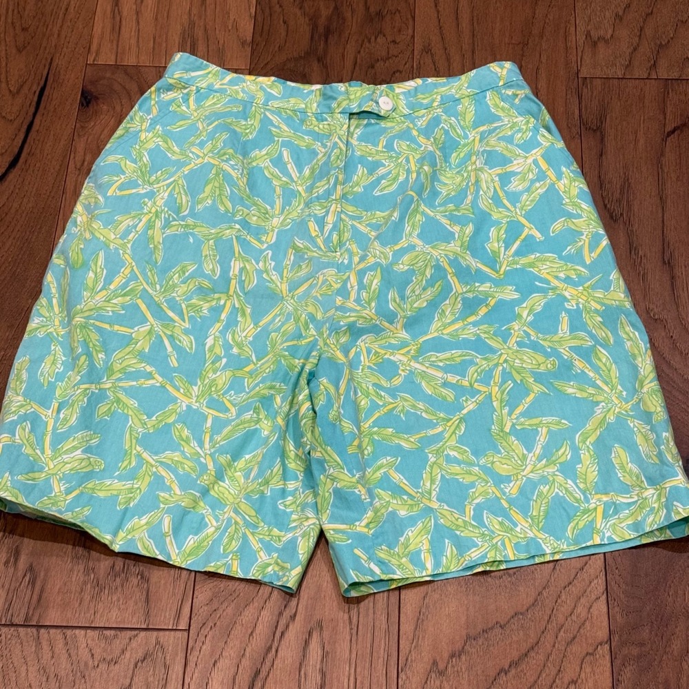 Lilly Pulitzer Vintage Women Turquoise Green Bamboo Palm Leaf Shorts Size 12